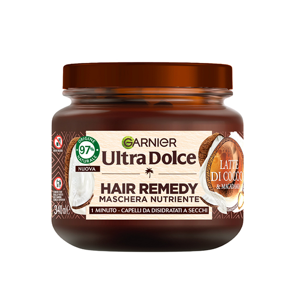 ماسک موی مغذی گارنیر Ultra Dolce با شیر نارگیل و ماکادمیا، مناسب موهای خشک و کم‌آب.