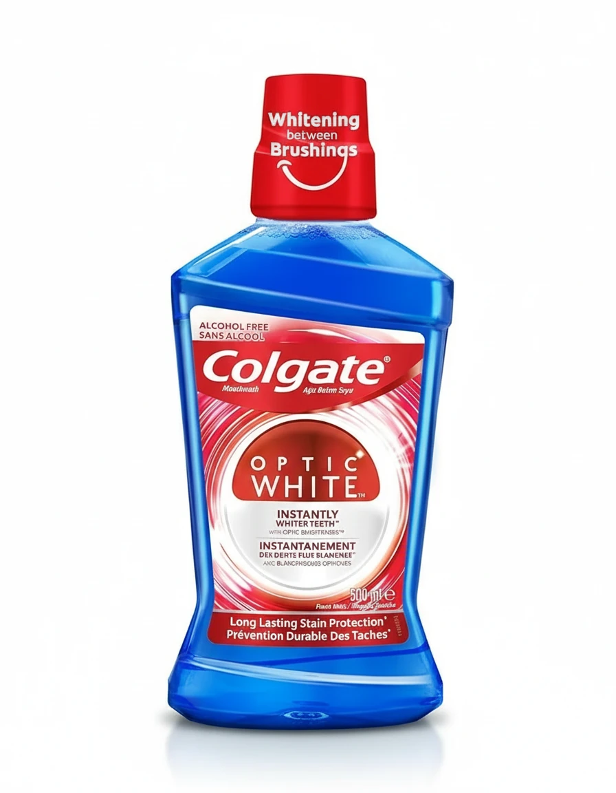 دهان‌شویه کولگیت Colgate Optic White حجم ۵۰۰ میل | سفیدکننده فوری بدون الکل با محافظت لکه طولانی‌مدت